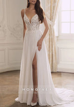Spaghetti Straps Lace Court Train Wedding Dresses with High Slit