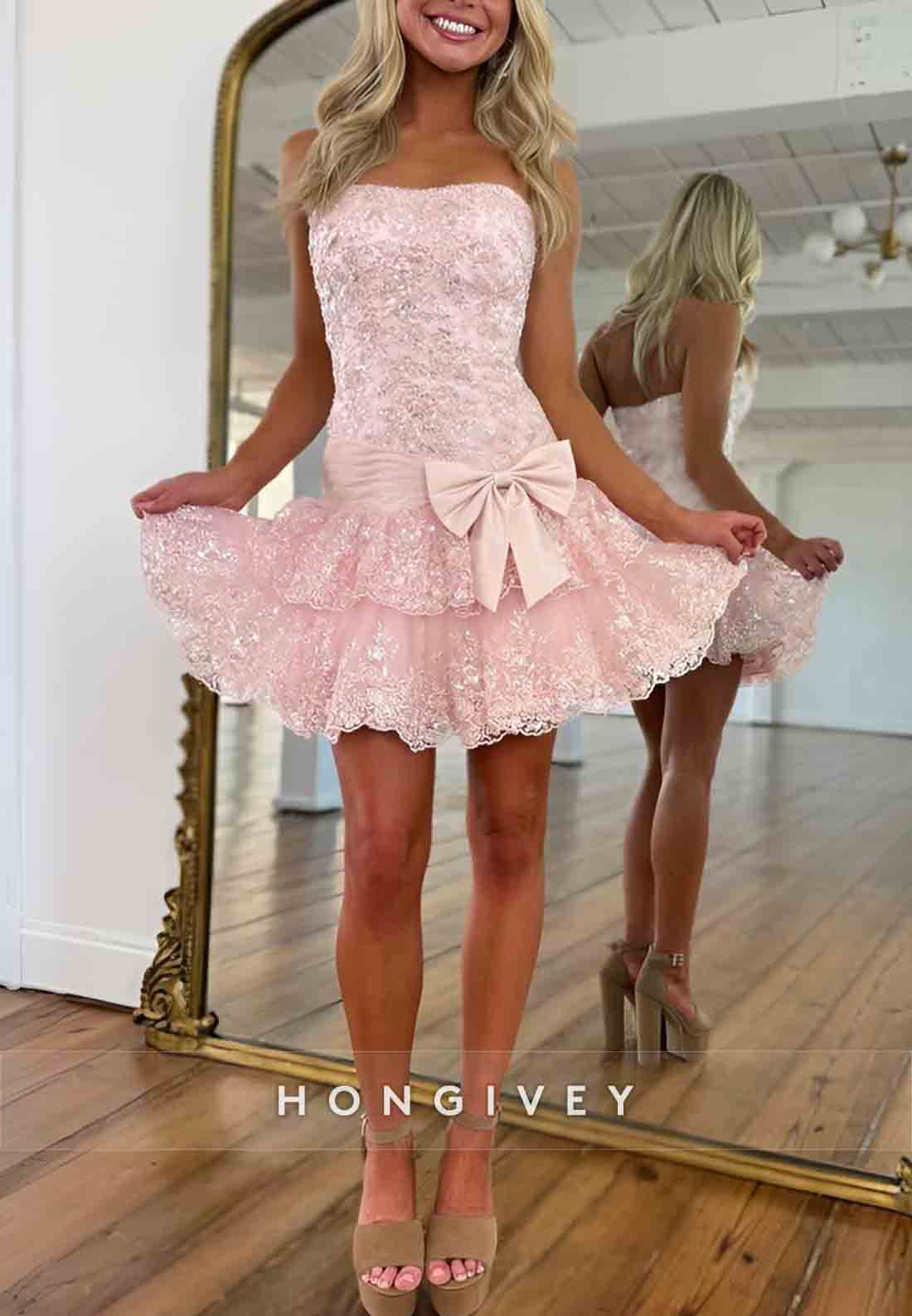 Bowknot Strapless Pleated Sleeveless Lace A-Line Homecoming Dresses