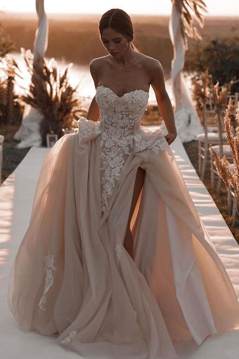 Ball Gown Sweetheart Dark Champagne Tulle Slit Wedding Dresses with Appliques