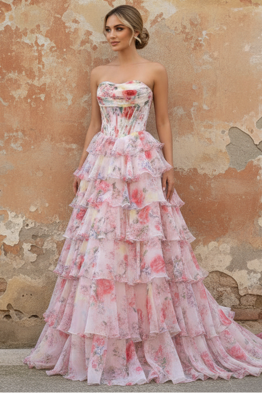 Fairytale Pink Floral Strapless Prom Dress with Corset Bodice and Ruffle Skirt