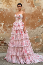 Fairytale Pink Floral Strapless Prom Dress with Corset Bodice and Ruffle Skirt