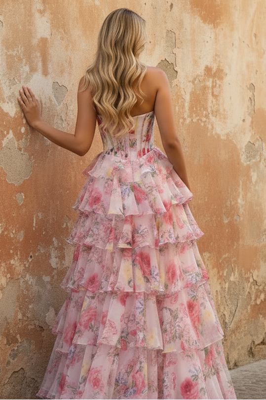 Fairytale Pink Floral Strapless Prom Dress with Corset Bodice and Ruffle Skirt