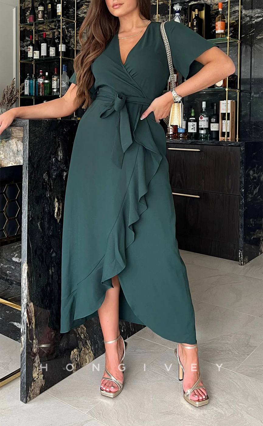 HM224 - Chiffon A-Line V-Neck Short Sleeve Ruffled Mother of the Bride Dress