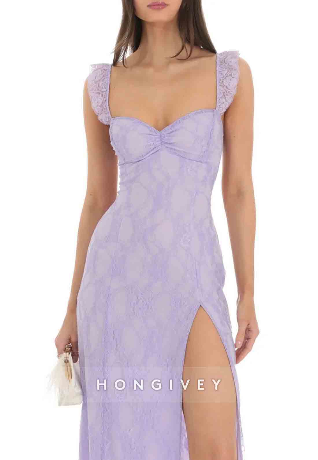 Fashion Sheath Sweetheart Lilac Lace Long Prom Dress with CrissCrossBack