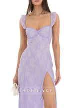 Fashion Sheath Sweetheart Lilac Lace Long Prom Dress with CrissCrossBack