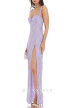 Fashion Sheath Sweetheart Lilac Lace Long Prom Dress with CrissCrossBack