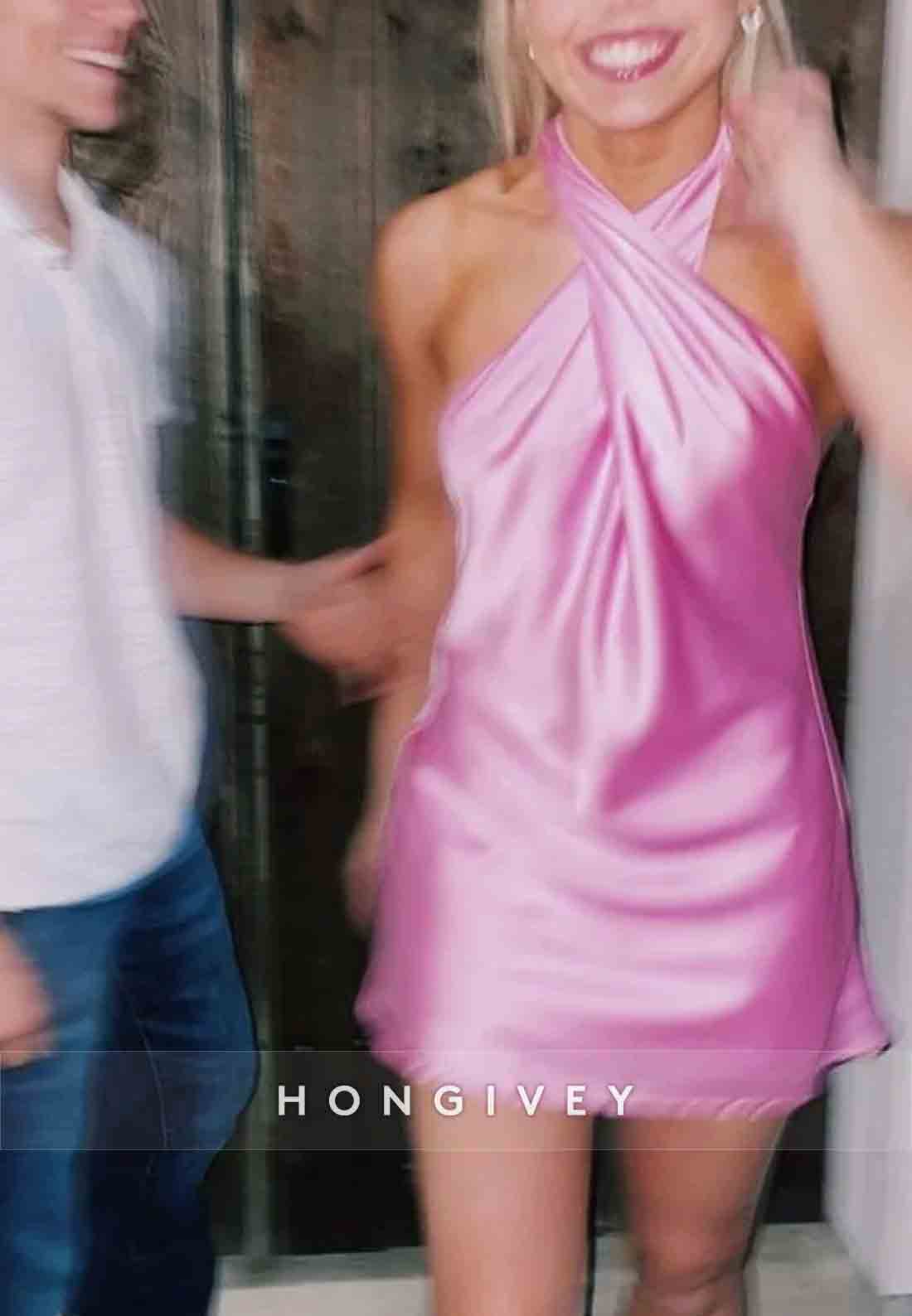 Fashionable Halter Neck Pink Pleated Sleeveless Short Homecoming Dress