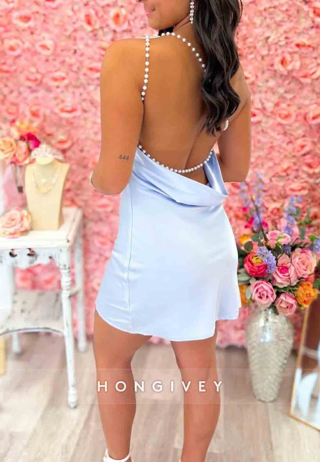 Fashionable Sheath One Shoulder Light Blue Short Mini Homecoming Dress with Pearls