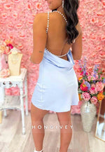 Fashionable Sheath One Shoulder Light Blue Short Mini Homecoming Dress with Pearls