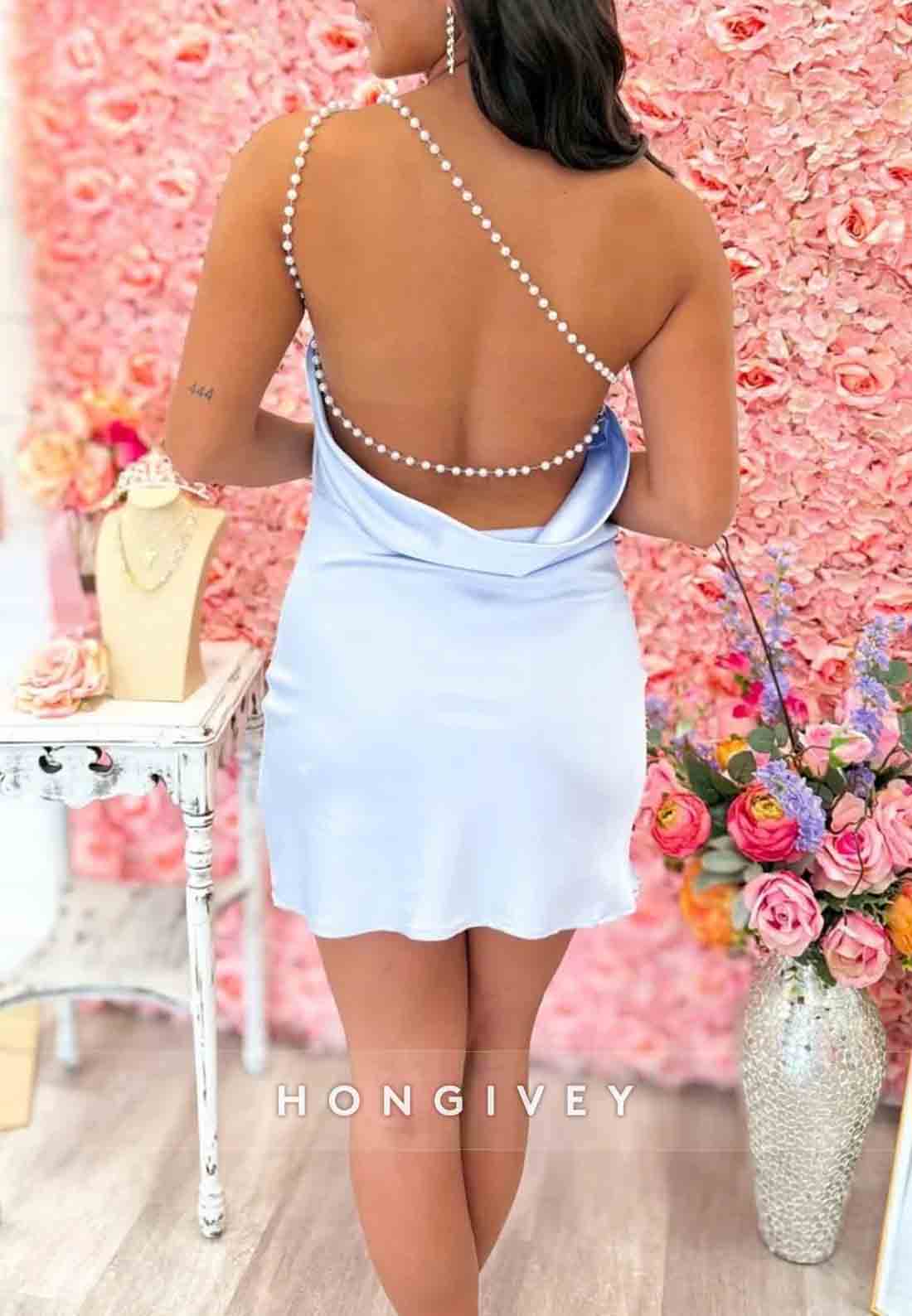 Fashionable Sheath One Shoulder Light Blue Short Mini Homecoming Dress with Pearls