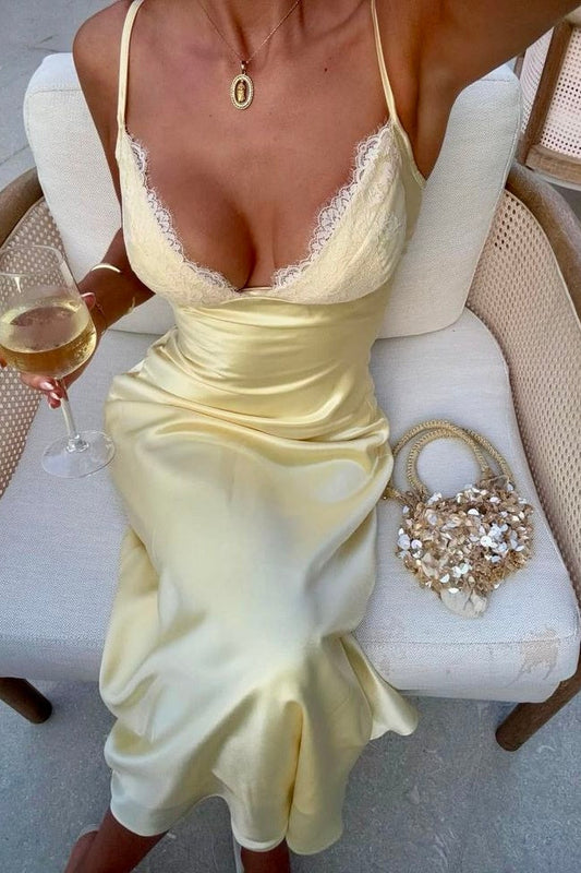 Fashionable Sheath Spaghetti Straps Yellow Long Party Dress with Lace