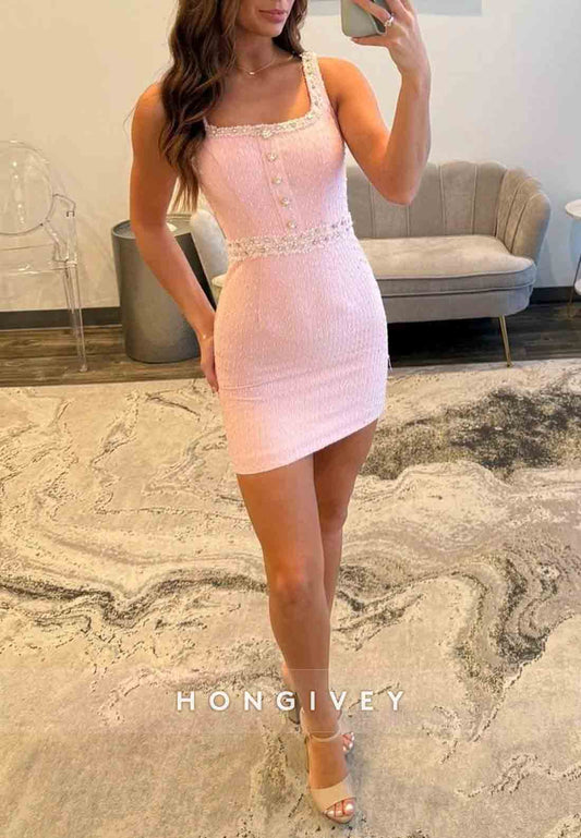 Fashionable Sheath Square Neck Pink Short Homecoming Dress with Beading