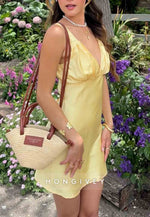 Fitted Sheath V Neck Yellow Satin Short Homecoming Dress with Ruched