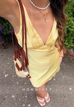 Fitted Sheath V Neck Yellow Satin Short Homecoming Dress with Ruched