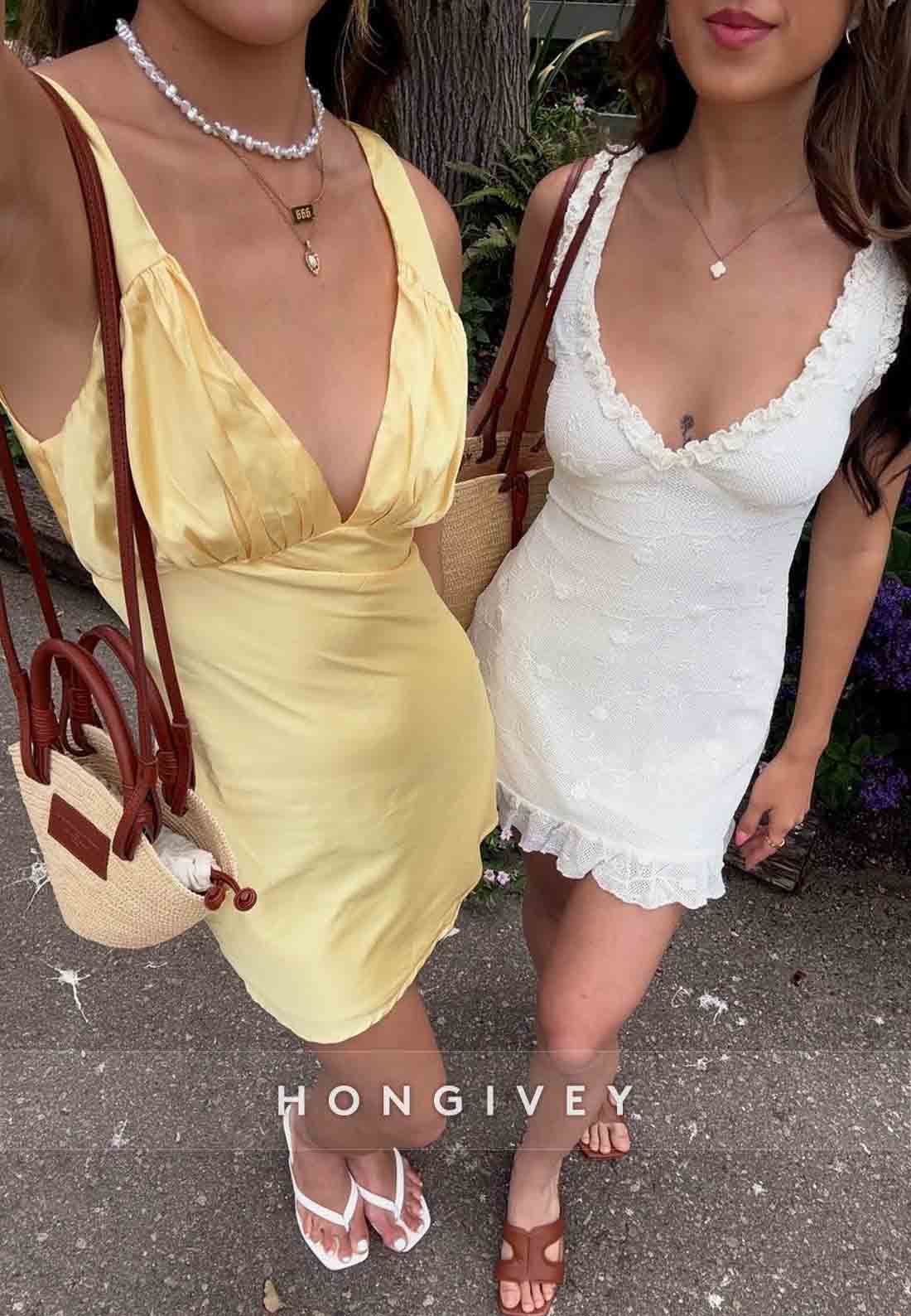 Fitted Sheath V Neck Yellow Satin Short Homecoming Dress with Ruched