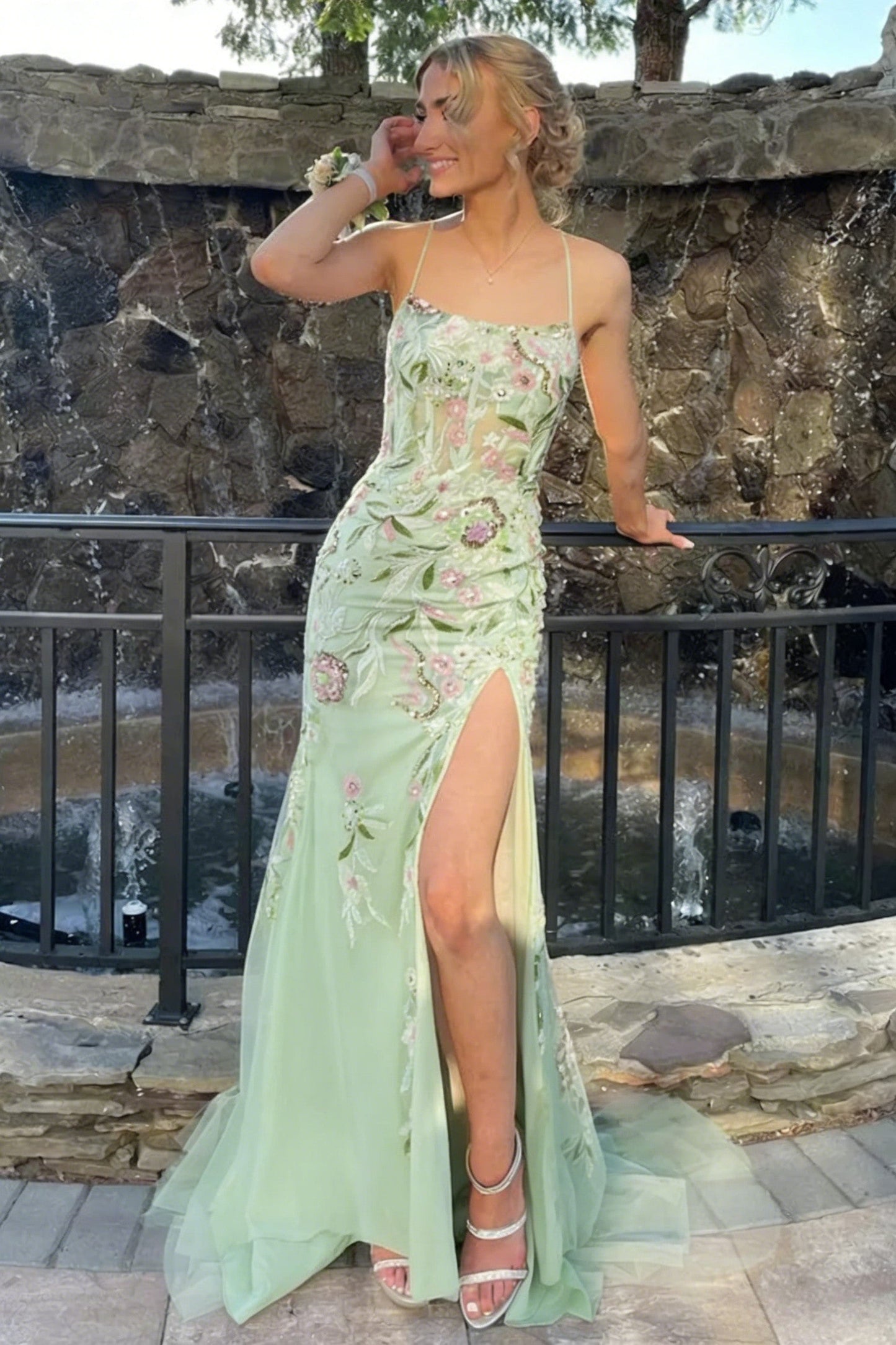 Beautiful Mermaid Spaghetti Straps Sage Corset Prom Dress with Floral High Slit