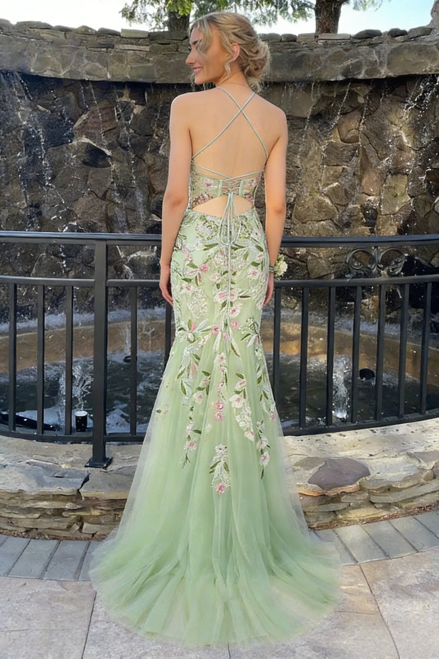 Beautiful Mermaid Spaghetti Straps Sage Corset Prom Dress with Floral High Slit
