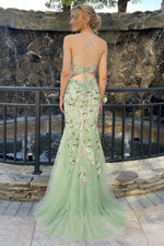 Beautiful Mermaid Spaghetti Straps Sage Corset Prom Dress with Floral High Slit