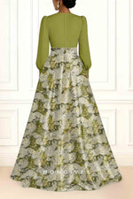 V-Neck Long Sleeve A-Line Flowers Slit Evening Dress