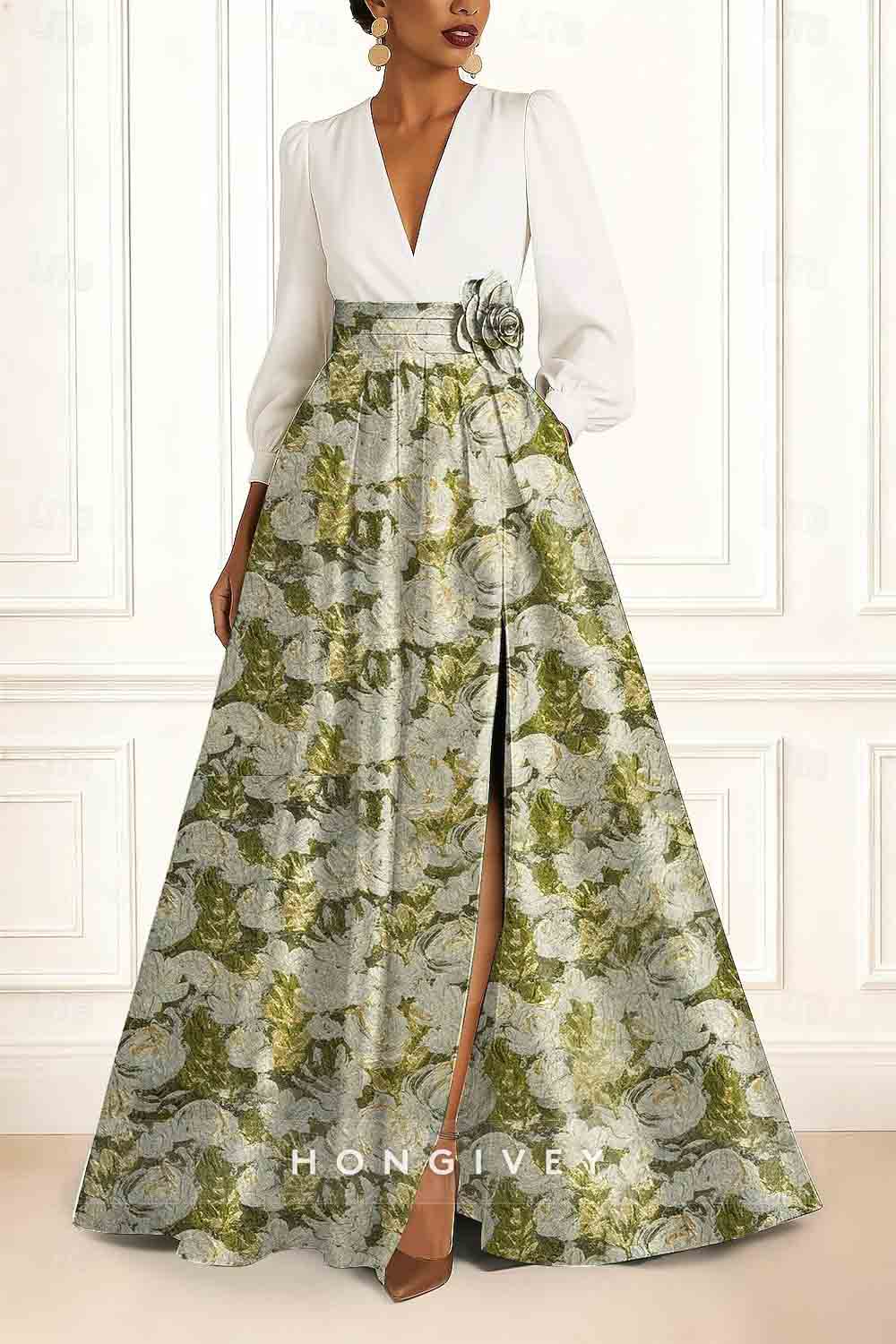 V-Neck Long Sleeve A-Line Flowers Slit Evening Dress