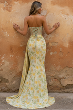 Floral Print Glitter Sweetheart Lace Up Prom Dress with Corset Bodice and High Slit