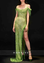 Off the Shoulder Glitter Floor-Length Tassel Prom Dresses with Side Slit