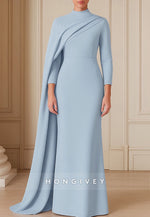 Column Evening Gown Detachable Cape Sweep Train 3/4 Sleeve High Neck Stretch Crepe Formal Wedding Dress