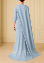 Column Evening Gown Detachable Cape Sweep Train 3/4 Sleeve High Neck Stretch Crepe Formal Wedding Dress