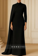 Column Evening Gown Detachable Cape Sweep Train 3/4 Sleeve High Neck Stretch Crepe Formal Wedding Dress