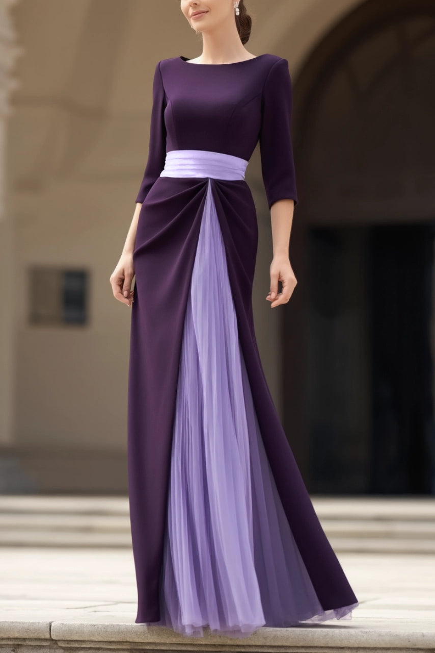 Formal Dress Purple Crew Neck Colorblock Half Sleeves Floor-Length Dress