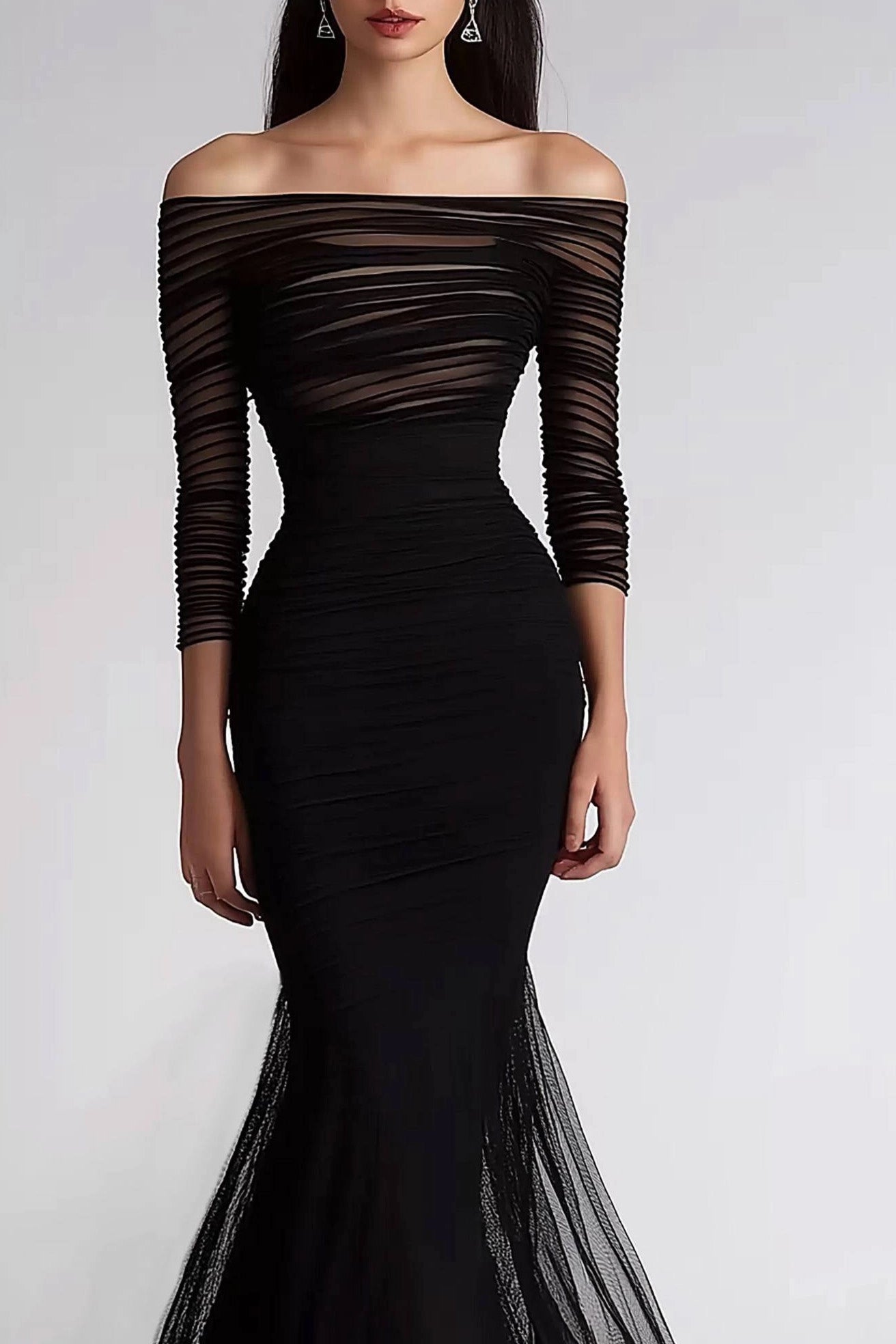 Formal Evening Dress Black Mesh Pleated Off-Shoulder Mermaid Dress