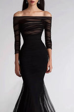 Formal Evening Dress Black Mesh Pleated Off-Shoulder Mermaid Dress