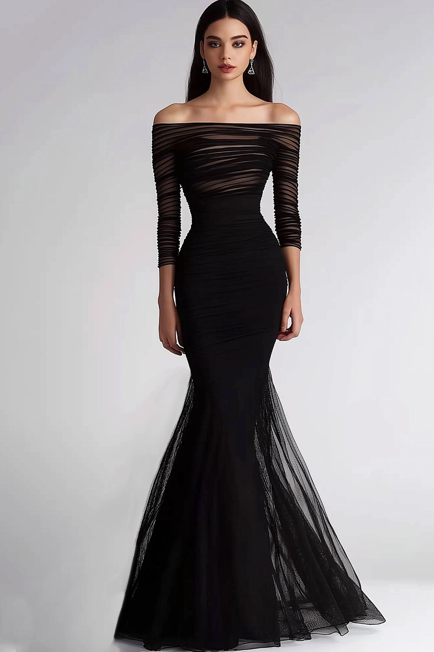 Formal Evening Dress Black Mesh Pleated Off-Shoulder Mermaid Dress