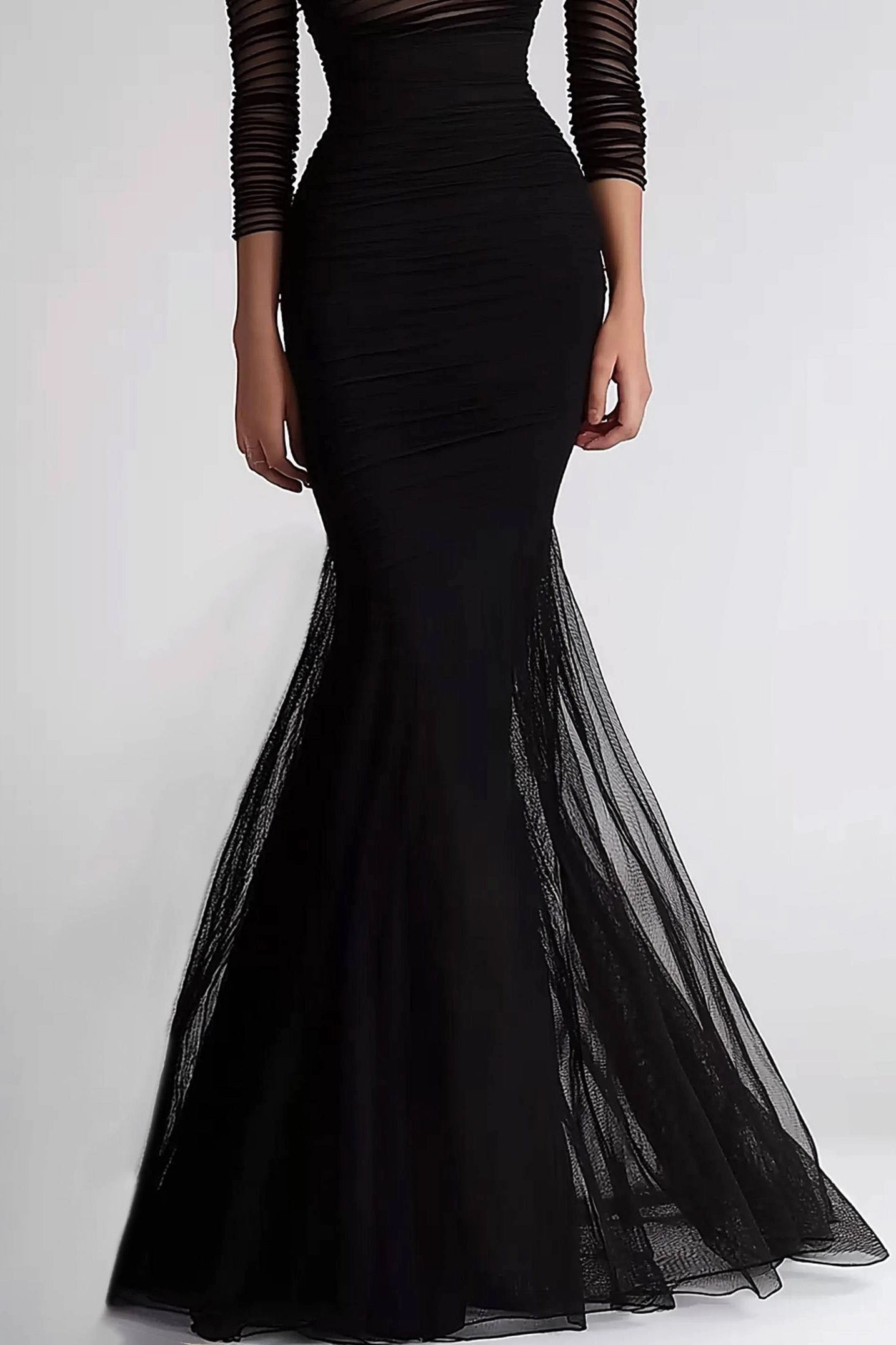 Formal Evening Dress Black Mesh Pleated Off-Shoulder Mermaid Dress