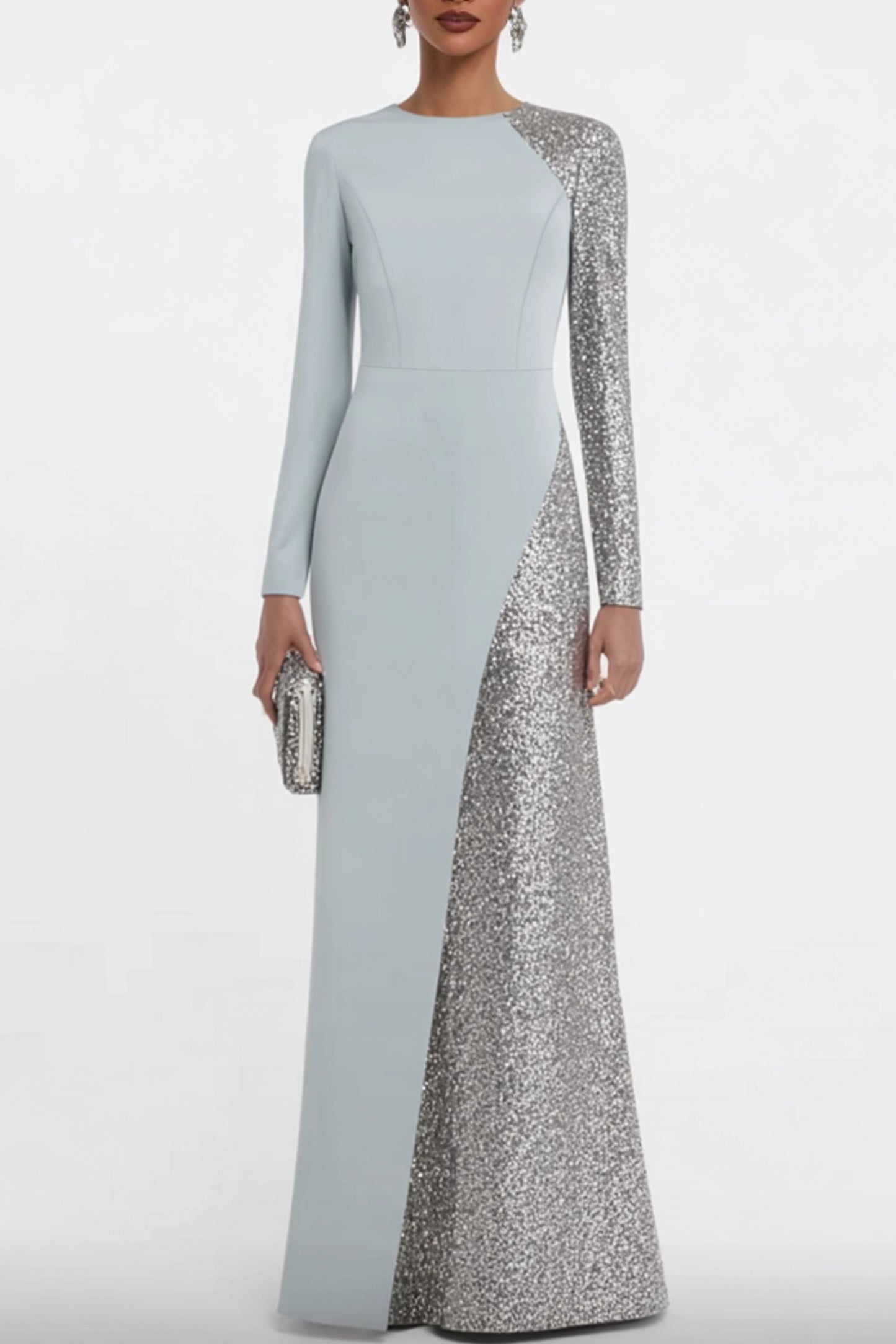 Formal Evening Dress Blue Crew Neck Maxi Trumpet Long Sleeve Dress