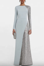 Formal Evening Dress Blue Crew Neck Maxi Trumpet Long Sleeve Dress