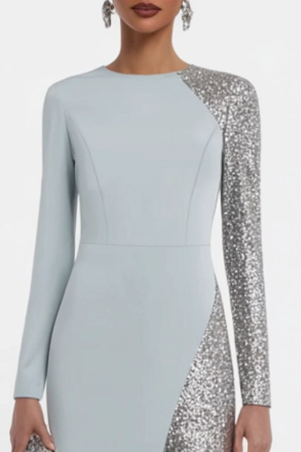 Formal Evening Dress Blue Crew Neck Maxi Trumpet Long Sleeve Dress