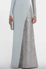 Formal Evening Dress Blue Crew Neck Maxi Trumpet Long Sleeve Dress