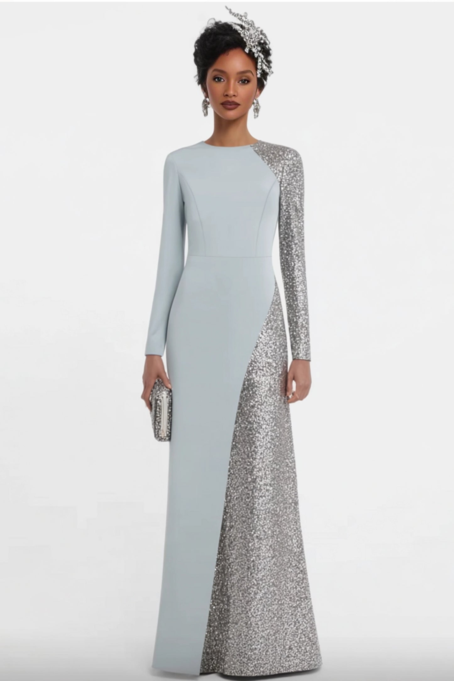 Formal Evening Dress Blue Crew Neck Maxi Trumpet Long Sleeve Dress