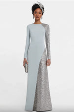 Formal Evening Dress Blue Crew Neck Maxi Trumpet Long Sleeve Dress