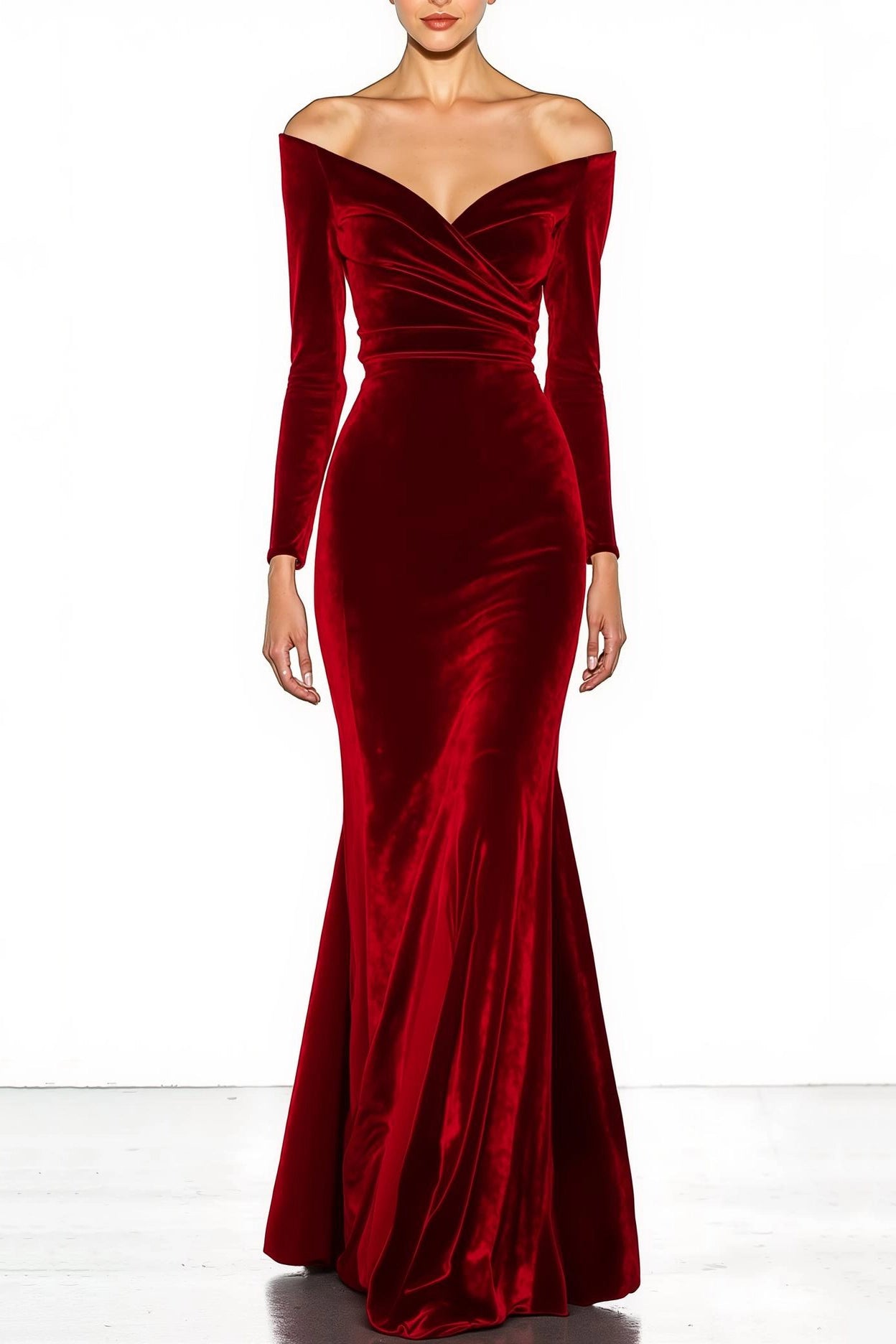 Formal Evening Dress Blue Velvet Off The Shoulder Long Sleeve Maxi Dress