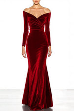 Formal Evening Dress Blue Velvet Off The Shoulder Long Sleeve Maxi Dress