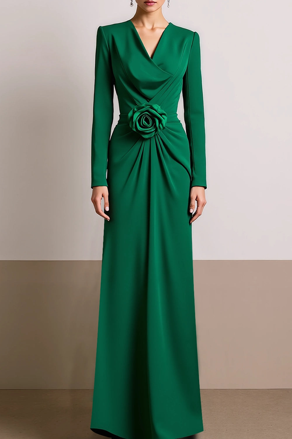 Formal Dress Sheath Floor-Length Green V-Neck 3D Flower Maxi Dress