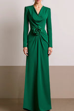 Formal Dress Sheath Floor-Length Green V-Neck 3D Flower Maxi Dress