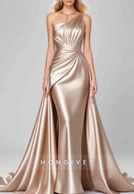 Sheath Evening Gown Champagne One Shoulder Satin Floor-Length Formal Dress