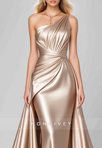 Sheath Evening Gown Champagne One Shoulder Satin Floor-Length Formal Dress
