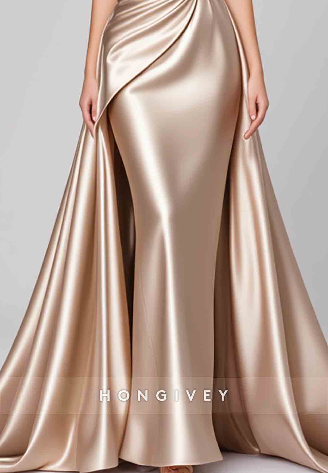 Sheath Evening Gown Champagne One Shoulder Satin Floor-Length Formal Dress