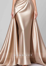 Sheath Evening Gown Champagne One Shoulder Satin Floor-Length Formal Dress