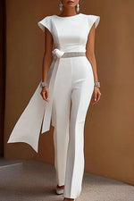 Formal Evening Jumpsuit White Large Bow Silver Waistband Long Pants