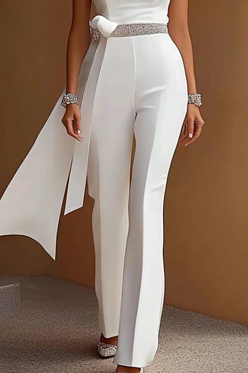 Formal Evening Jumpsuit White Large Bow Silver Waistband Long Pants